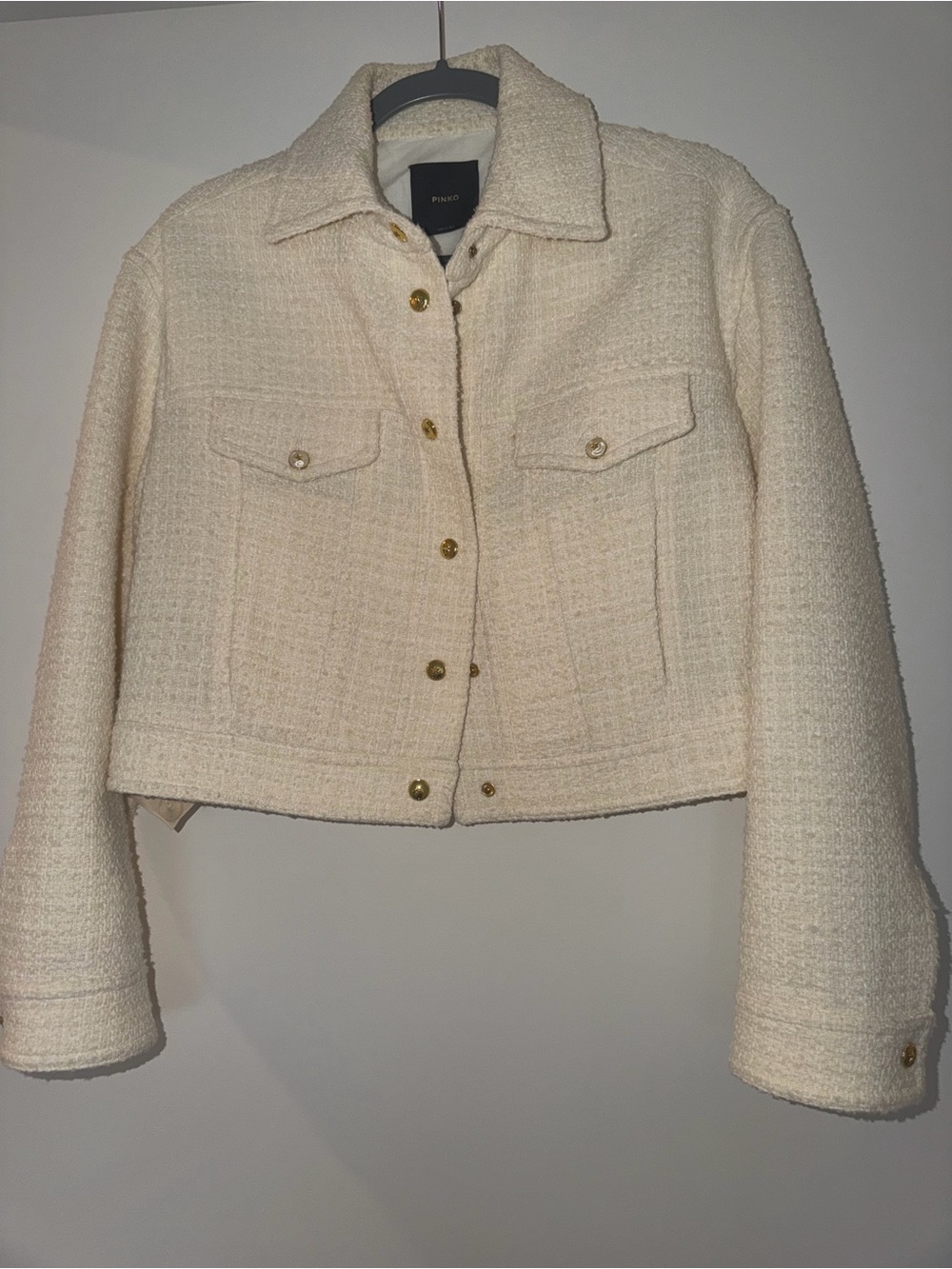 Pinko Cream Tweed Cropped Blazer with Gold Buttons